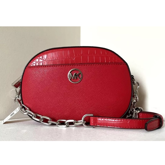 New Michael Kors Jet Set Glam Croc Small Oval Crossbody Bag Bright Red - Picture 1 of 5